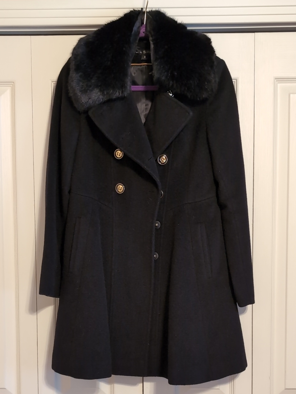 Via Spiga Black Wool Pea Coat with Faux Fur Collar